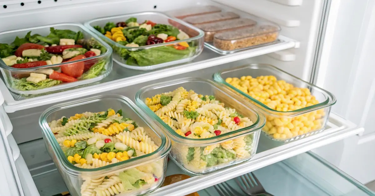 elote-pasta-salad-meal-prep-storage Meal prep containers with portioned elote pasta salad stored in refrigerator