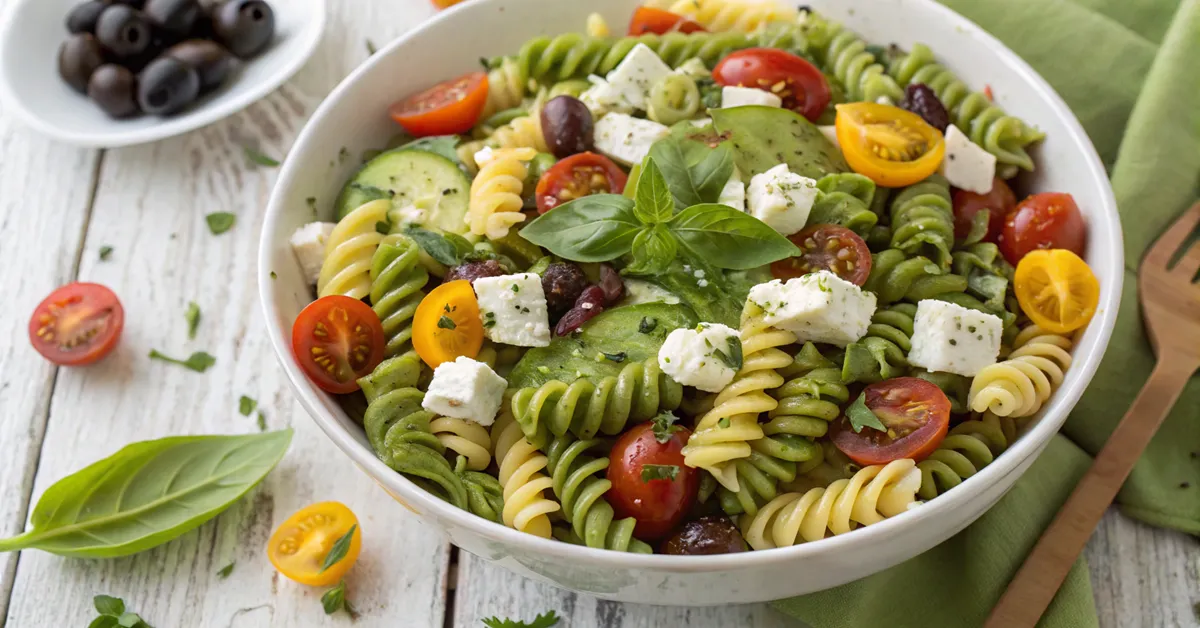 home 3 Green goddess pasta salad with rotini, cherry tomatoes, cucumber, feta cheese and herbs in white bowl