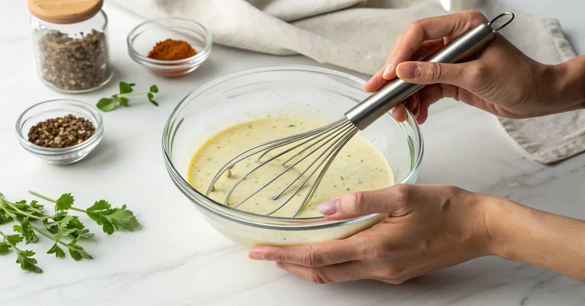 homemade-olive-garden-dressing-whisking Making homemade Olive Garden dressing for pasta salad with whisk in glass bowl
