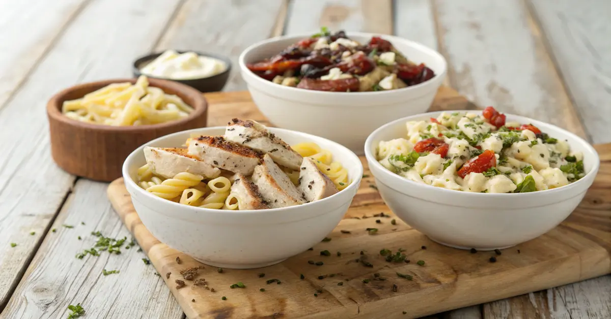 pasta-salad-wih-olive-garden-variations-bowls Three variations of pasta salad showing different ingredients
