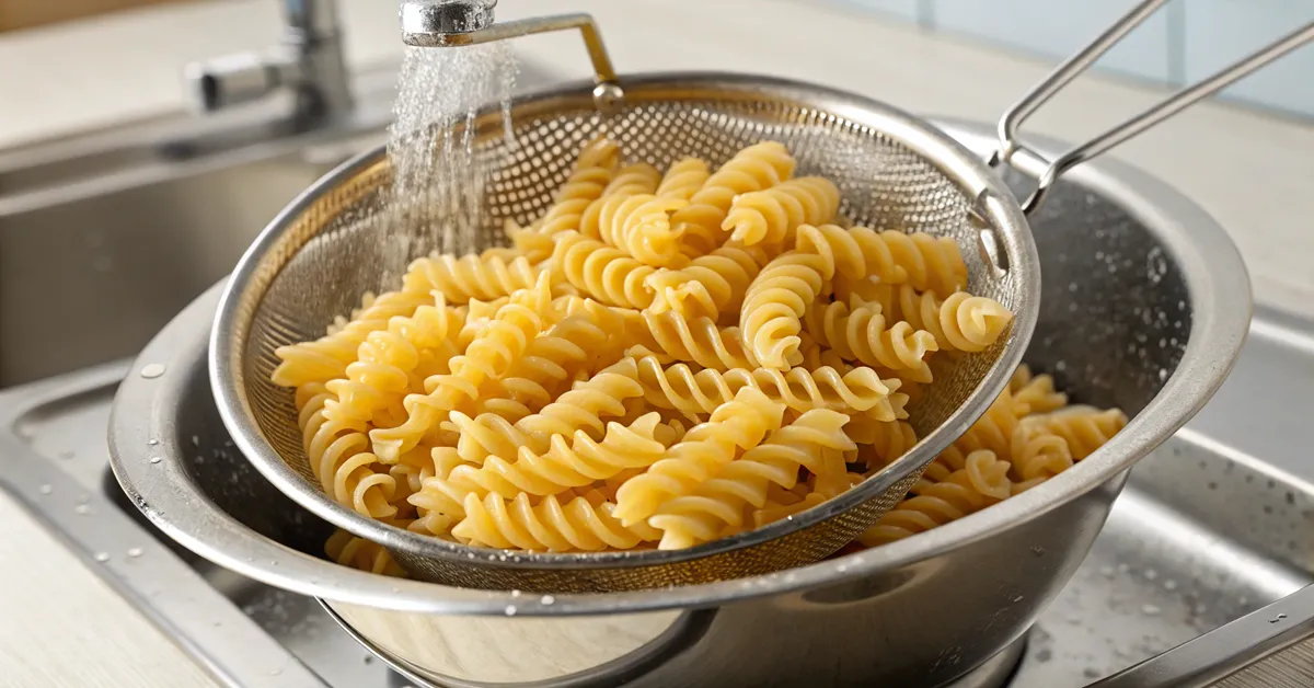 dill-pickle-pasta-salad-cooking-pasta Perfectly cooked rotini pasta for dill pickle pasta salad