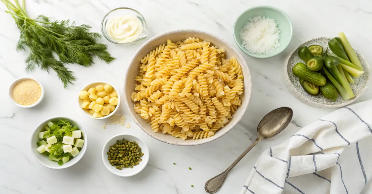 dill-pickle-pasta-salad-ingredients-prepped ingredients prepped and ready for making dill pickle pasta salad