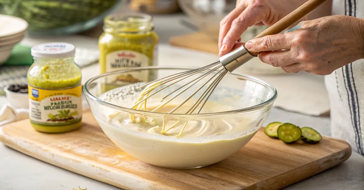 dill-pickle-pasta-salad-making-dressing Making the perfect creamy pickle dressing for dill pickle pasta salad
