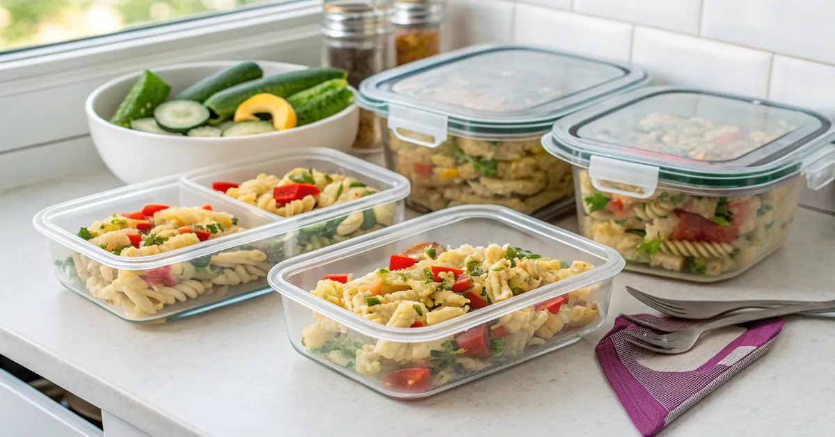 dill-pickle-pasta-salad-meal-prep Dill pickle pasta salad portioned in meal prep containers