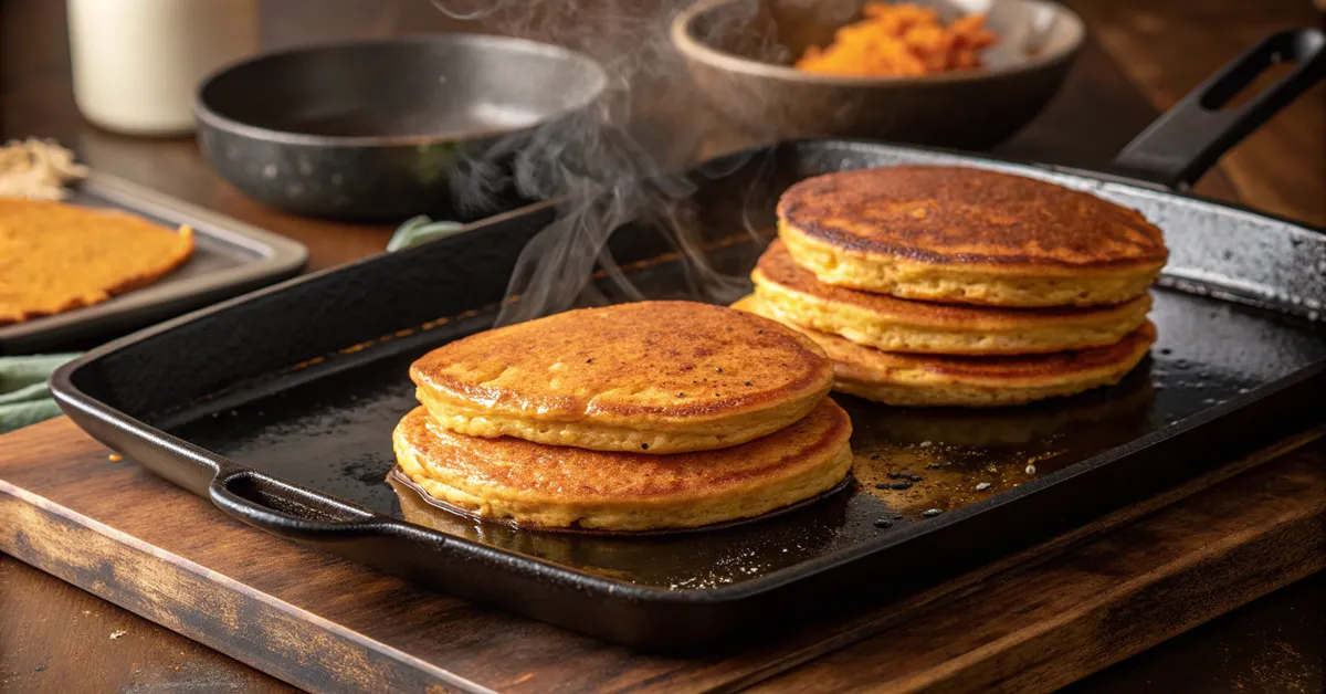 finished-sweet-potato-pancakes-on-griddle-showing- Perfectly cooked golden-brown sweet potato pancakes on griddle