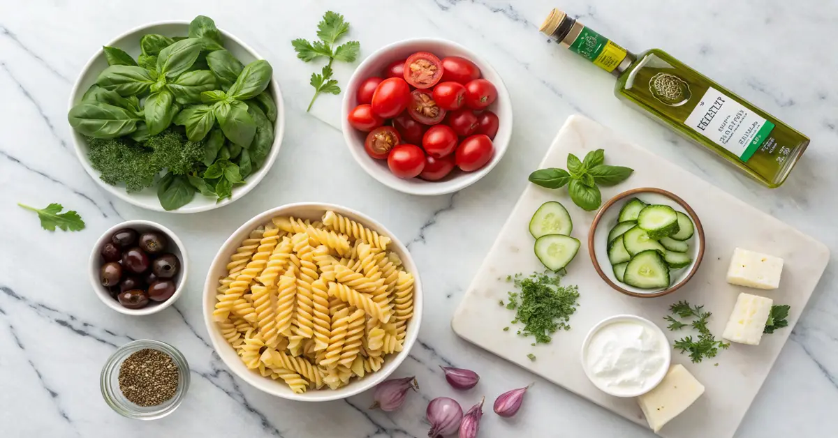 Fresh ingredients for green goddess pasta salad including herbs, vegetables, feta cheese and pasta