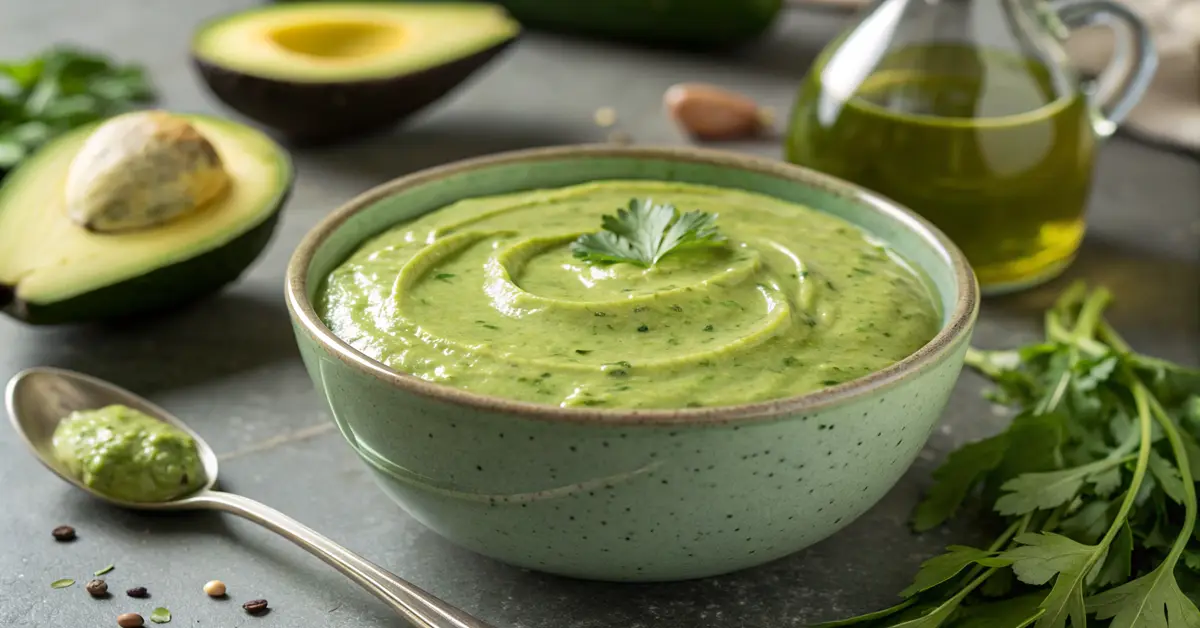 Creamy green goddess dressing made with fresh herbs in food processor