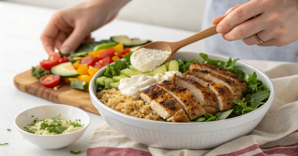 Assembling the perfect Mediterranean chicken bowl 