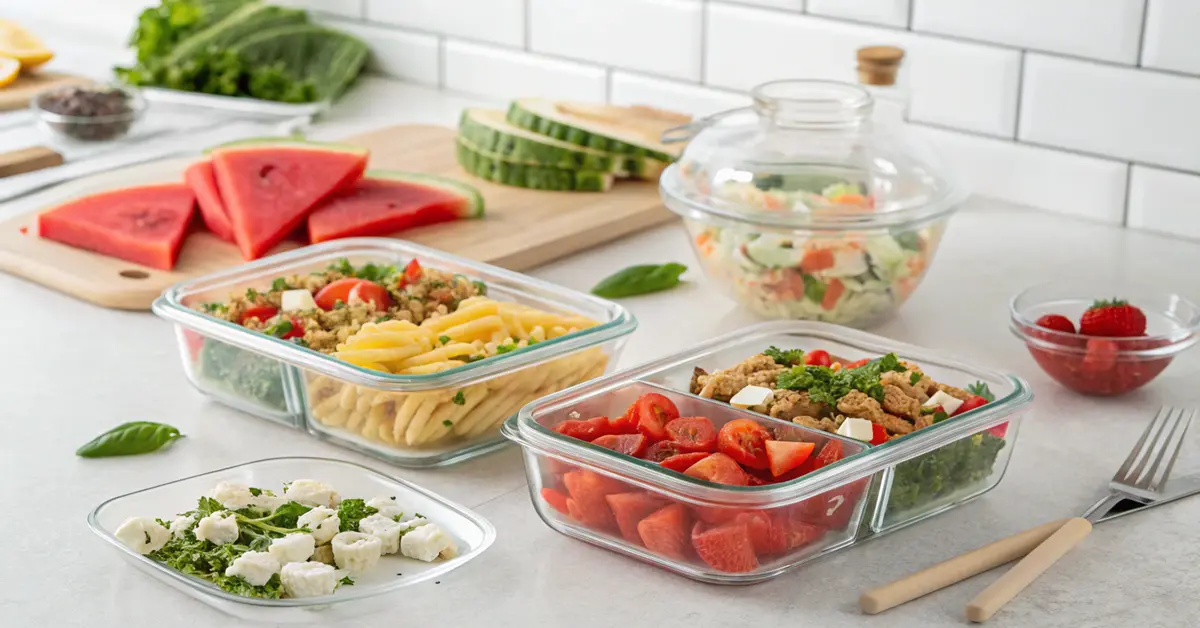 mediterranean-pasta-meal-prep-containers Mediterranean pasta meal prep containers with various pasta salad recipes