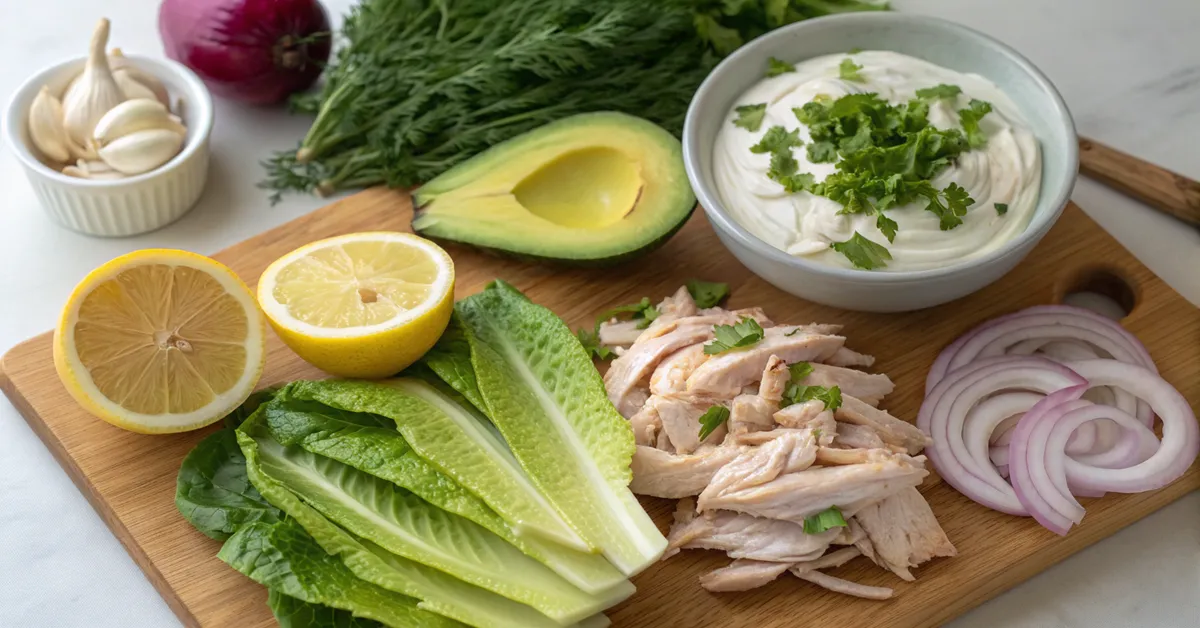Green goddess chicken salad ingredients laid out for cooking