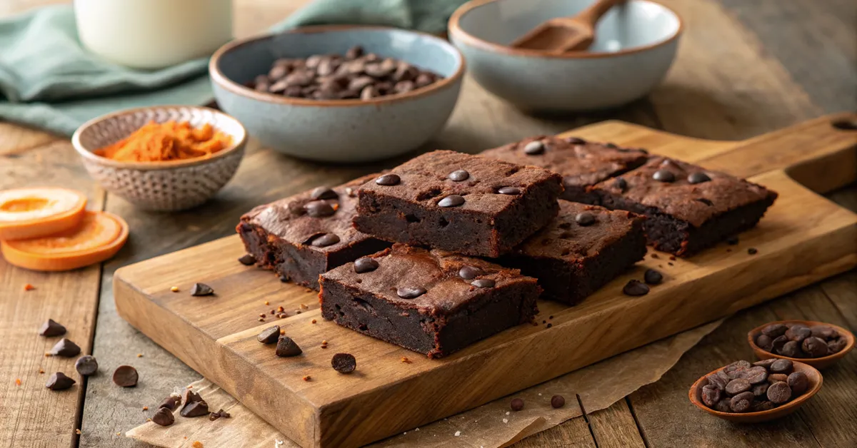 home 3 Fudgy sweet potato brownies with perfect texture cut into squares on wooden board
