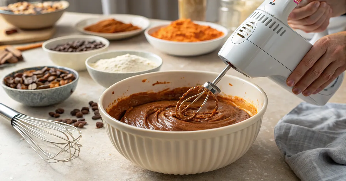 sweet-potato-brownies-mixing-technique-perfection Beating sweet potato brownies batter to perfect smoothness with electric mixer