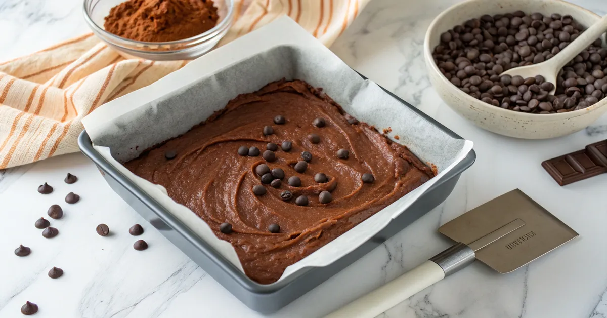 sweet-potato-brownies-ready-for-oven-perfection Sweet potato brownies batter ready for baking in lined pan