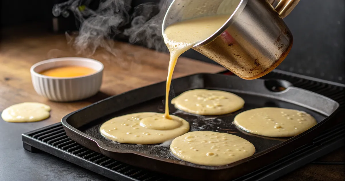 sweet-potato-pancakes-griddle-cooking-action Pouring sweet potato pancakes batter onto hot griddle for cooking