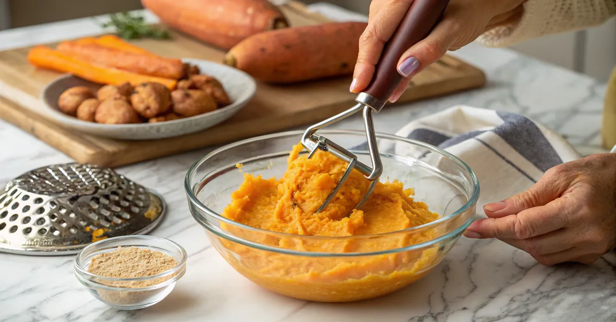 sweet-potato-pancakes-perfect-mashing-technique (2) Mashing roasted sweet potatoes to perfect smoothness for pancakes