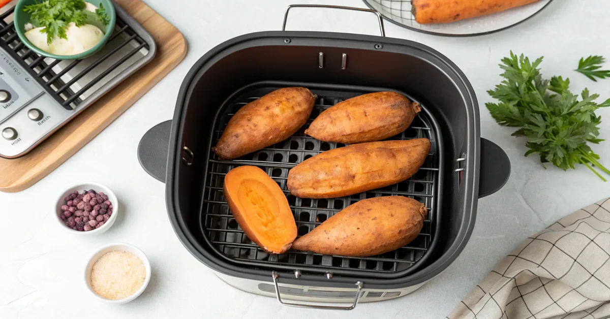 sweet-potatoes-air-fryer-basket-loading Sweet potatoes properly spaced in air fryer basket for even cooking