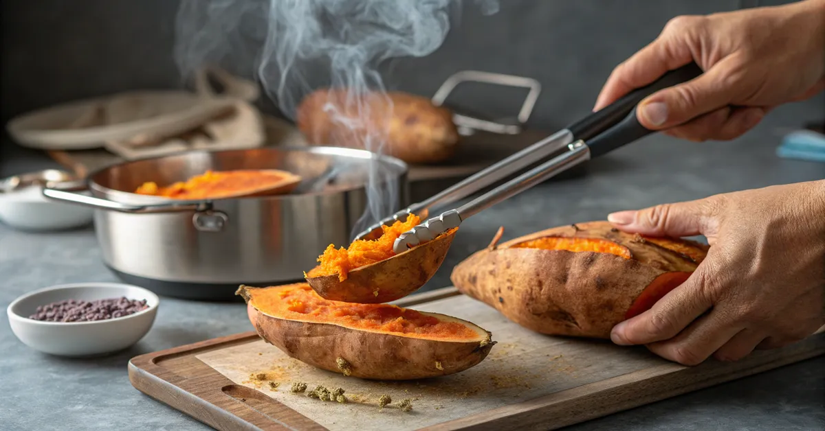 sweet-potatoes-in-air-fryer-doneness-tes Testing sweet potato doneness by gently squeezing with kitchen tongs