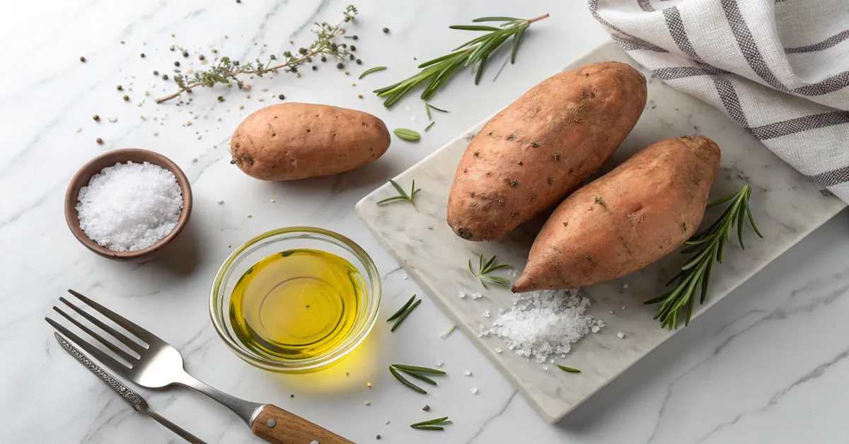 sweet-potatoes-air-fryer-ingredients-prep Sweet potatoes and ingredients ready for air fryer preparation