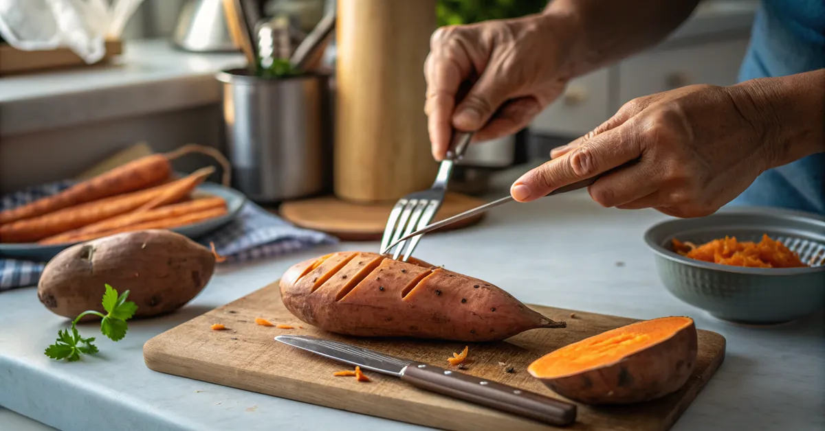 sweet-potatoes-air-fryer-piercing-technique Piercing sweet potato with fork to prevent bursting in air fryer