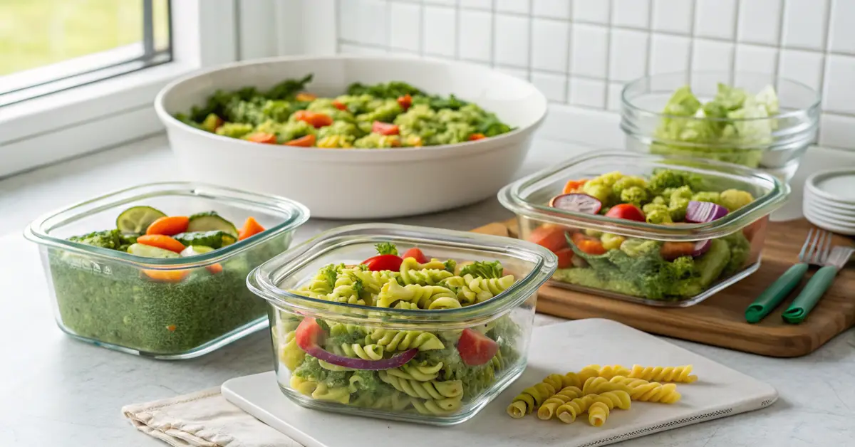Green goddess pasta salad portioned in glass meal prep containers for weekly planning