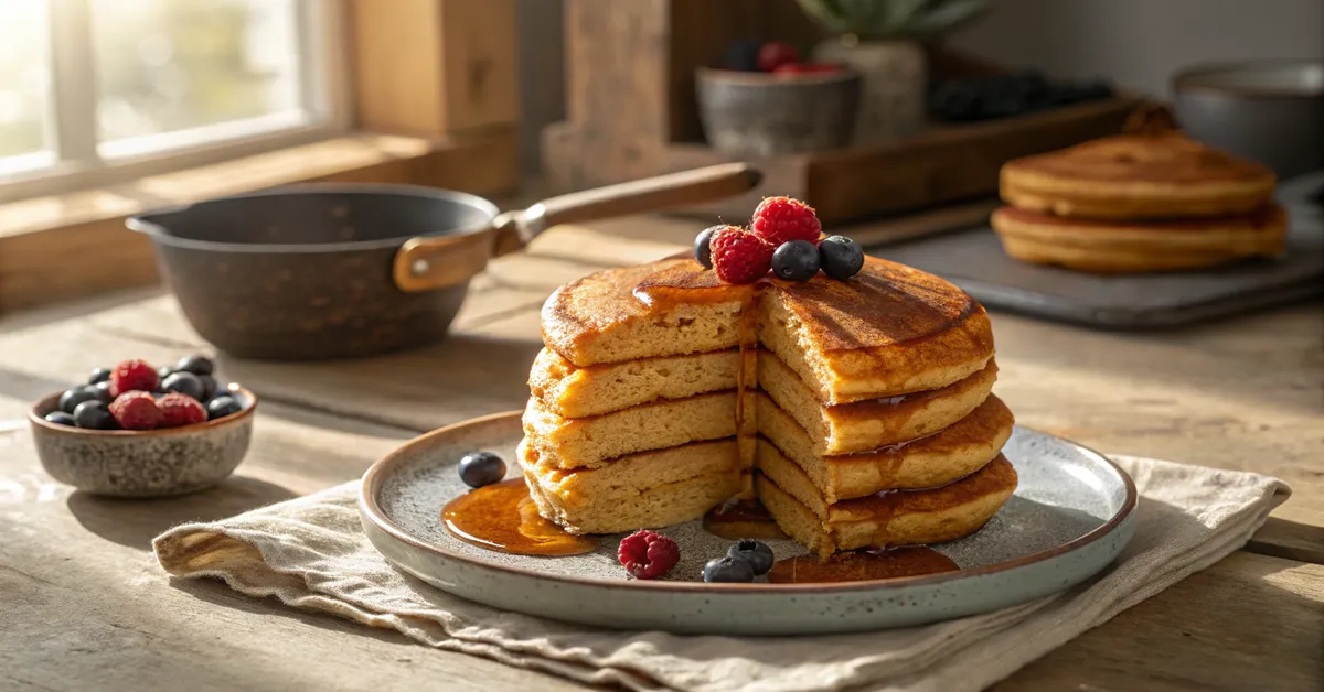 home 1 Fluffy sweet potato pancakes stack with maple syrup and fresh berries