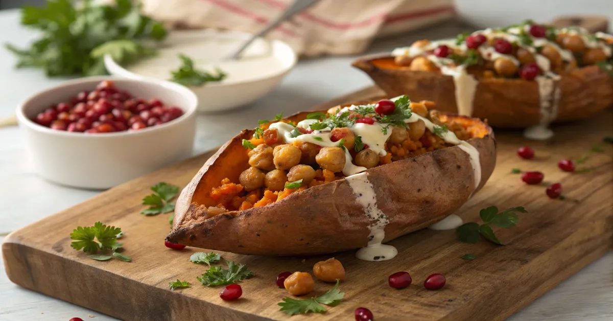 Chickpea-Stuffed-Sweet-Potatoes Chickpea stuffed sweet potato with tahini sauce and parsley on a rustic wooden board.