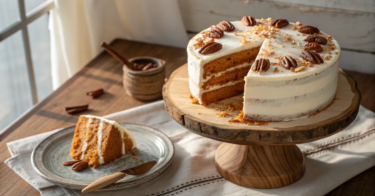 Mediterranean-style sweet potato cake with cream cheese frosting on white cake stand topped with cinnamon and pecans
