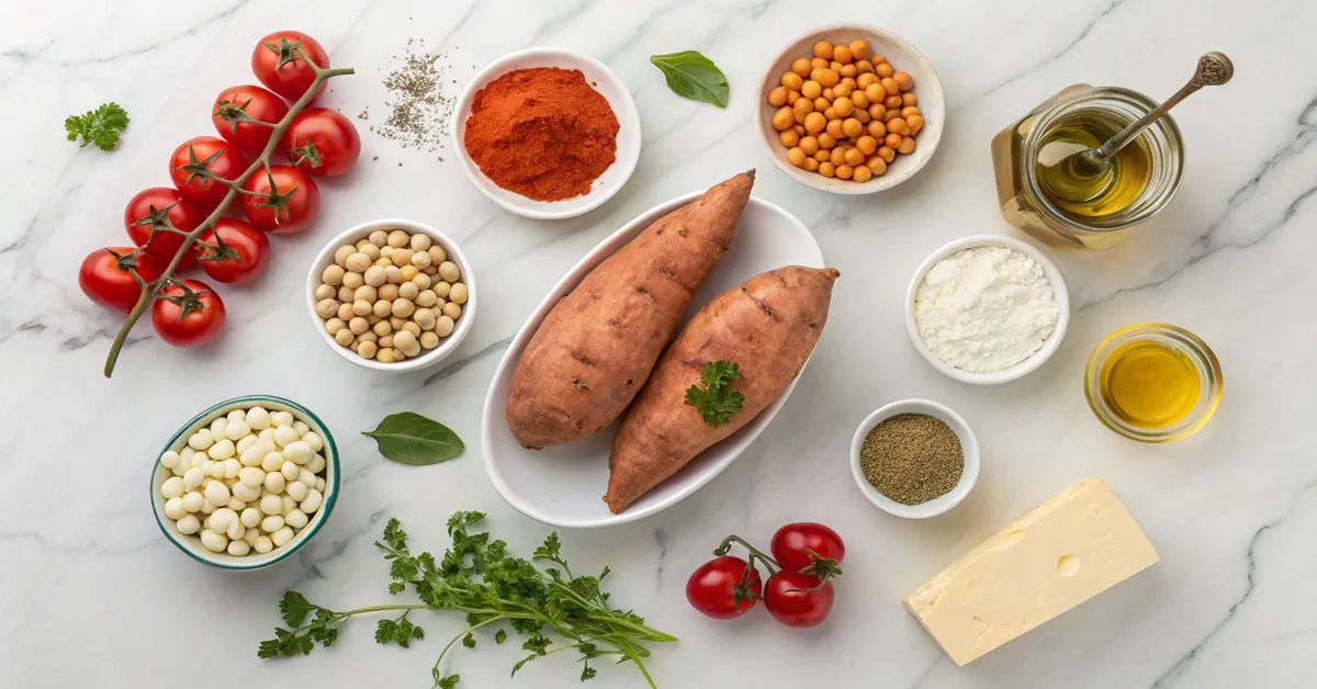 chickpea-sweet-potato-ingredients-mediterranean-spices Ingredients for chickpea stuffed sweet potatoes including sweet potatoes, chickpeas, Mediterranean spices, feta, and fresh herbs