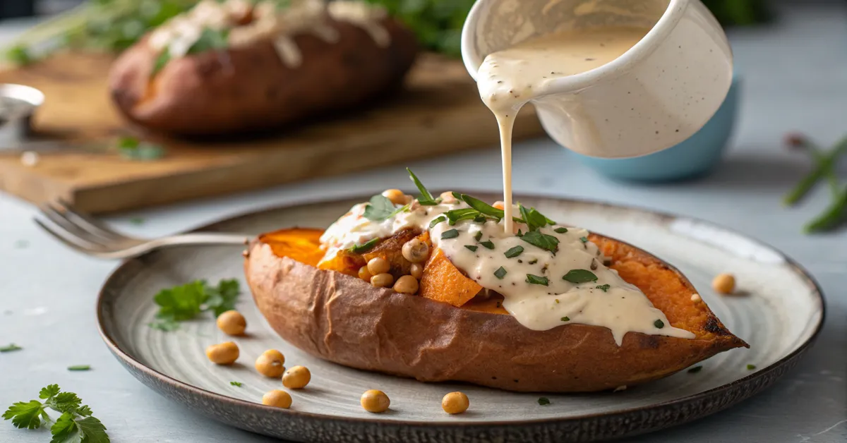 drizzling-tahini-sauce-sweet-potato-mediterranean-recipe Drizzling tahini sauce over roasted sweet potato for chickpea stuffed sweet potatoes