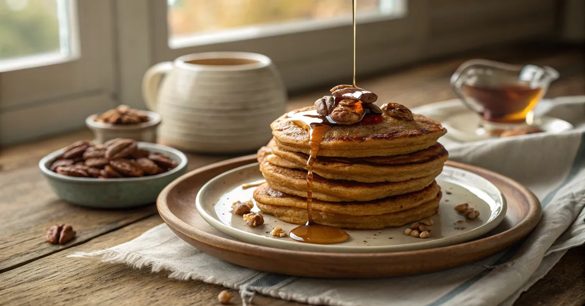 fluffy-sweet-potato-pancakes Fluffy sweet potato pancakes stacked with syrup and pecans.