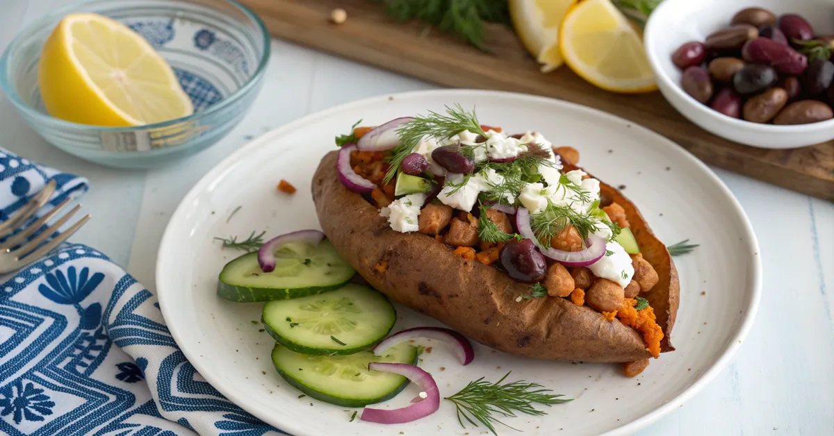 greek-chickpea-stuffed-sweet-potato-feta-olives-tzatziki Greek-style chickpea stuffed sweet potato with feta, olives, cucumber, and tzatziki sauce