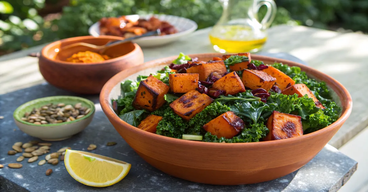 kale-and-sweet-potato-salad-harissa Kale and sweet potato salad in a terra cotta bowl with harissa vinaigrette.