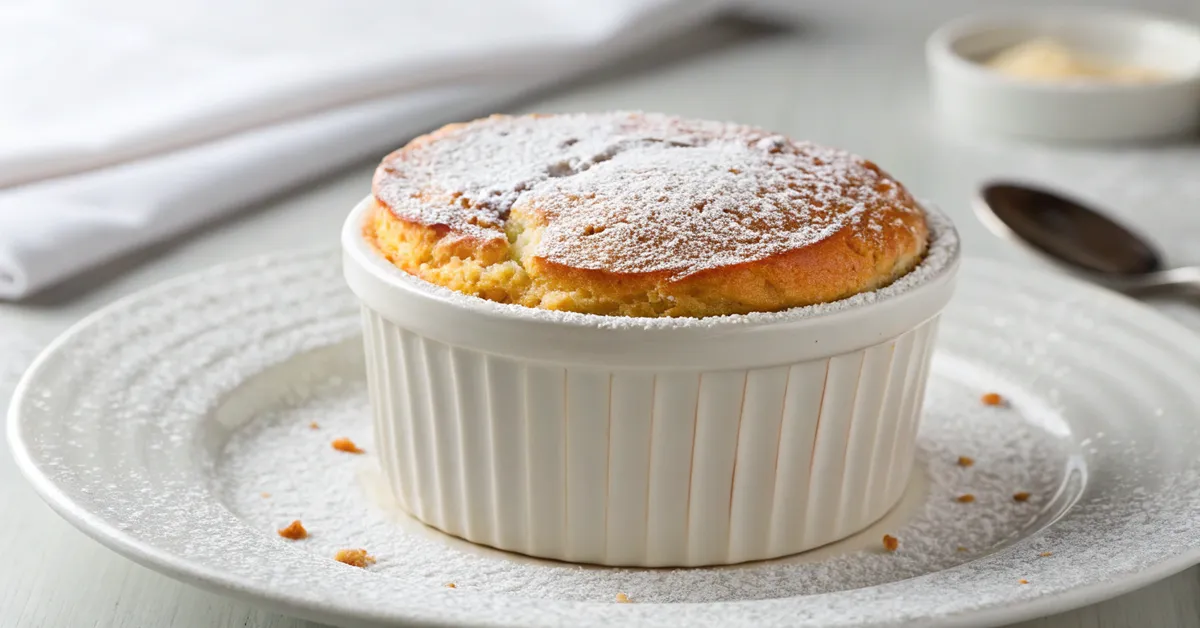 perfectly-risen-sweet-potato-souffle Light and fluffy sweet potato soufflé in a white ramekin.