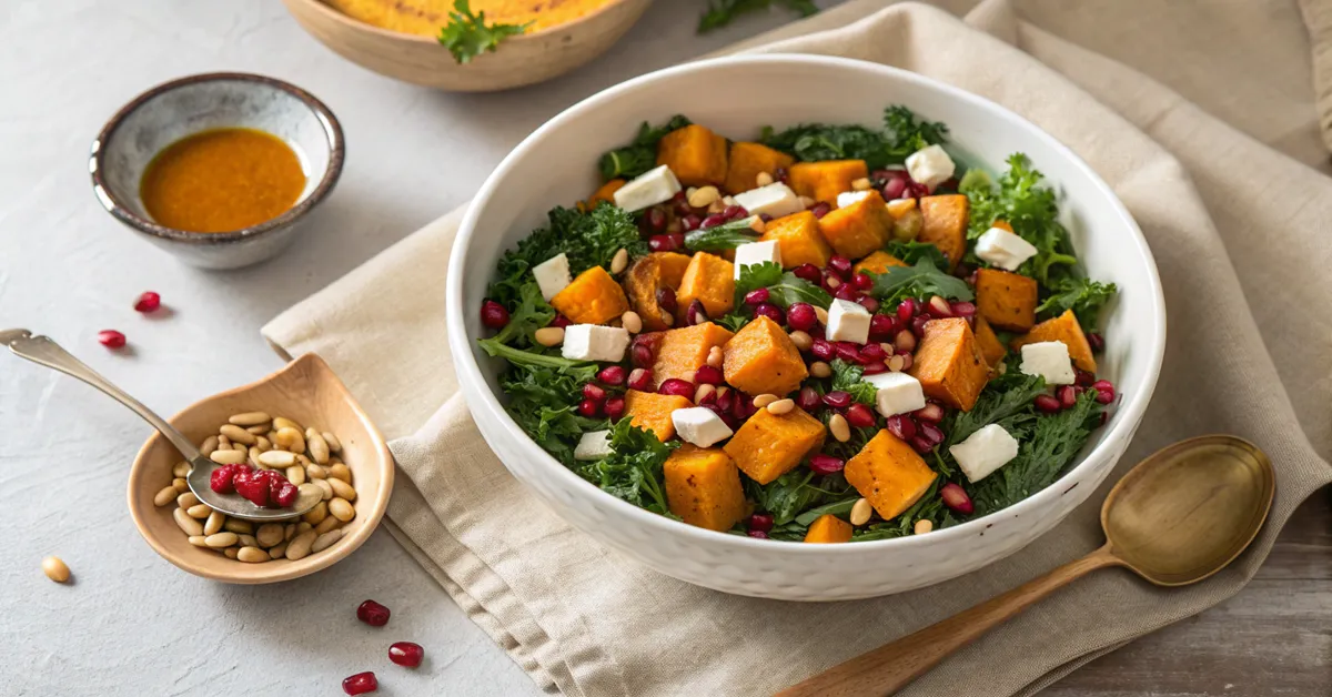 Roasted sweet potato and kale salad with harissa vinaigrette, pomegranate arils, feta cheese, and pumpkin seeds in white serving bowl