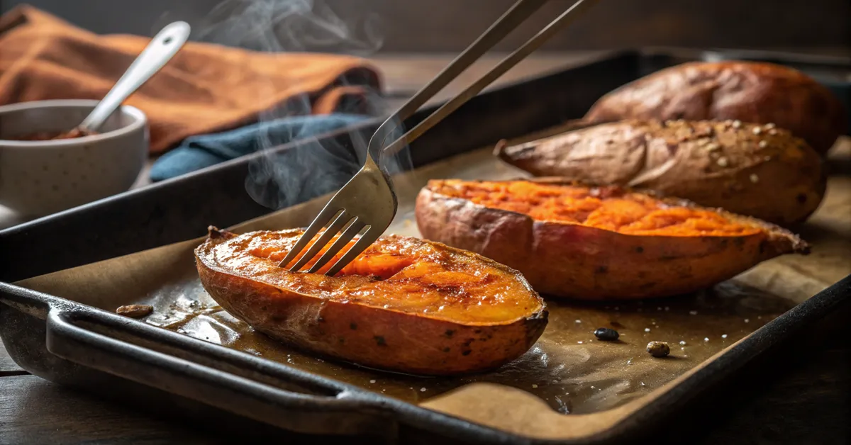 roasted-sweet-potatoes-caramelized-oven-method Perfectly roasted sweet potatoes with caramelized skin on baking sheet