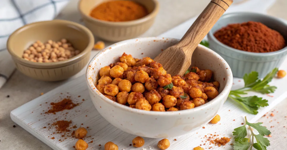 seasoning-chickpeas-mediterranean-spices-cumin-paprika Tossing chickpeas with cumin, paprika, and Mediterranean spices in white bowl