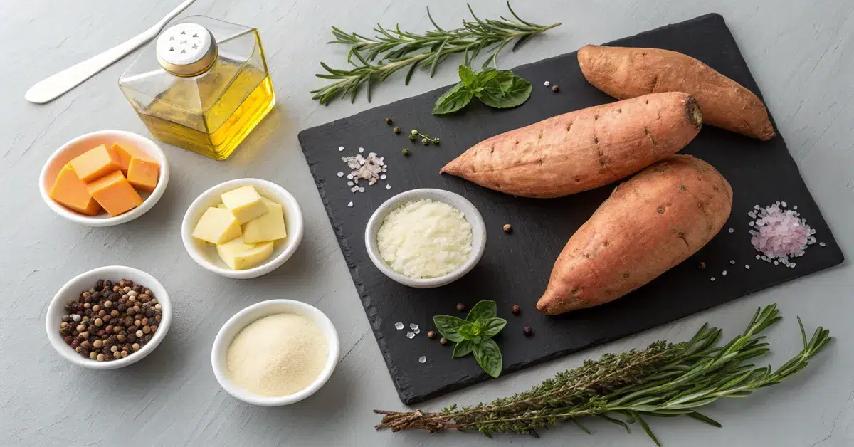 sweet-potato-puree-ingredients-layout-raw Fresh ingredients for sweet potato puree including sweet potatoes, butter, cream and seasonings