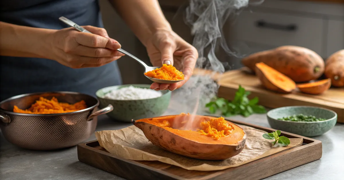 sweet-potato-puree-scooping-cooked-flesh Scooping creamy orange sweet potato flesh from roasted potato