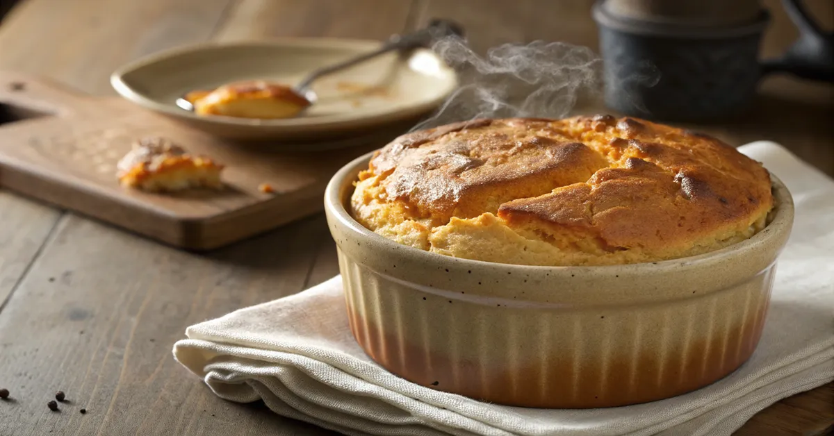 Golden sweet potato souffle recipe fresh from oven with perfectly puffed top and creamy texture