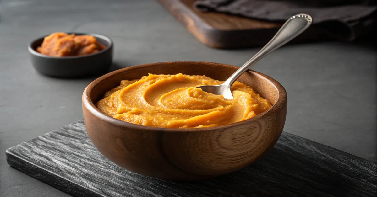 ultra-creamy-sweet-potato-puree Ultra-creamy sweet potato purée in a simple wooden bowl.