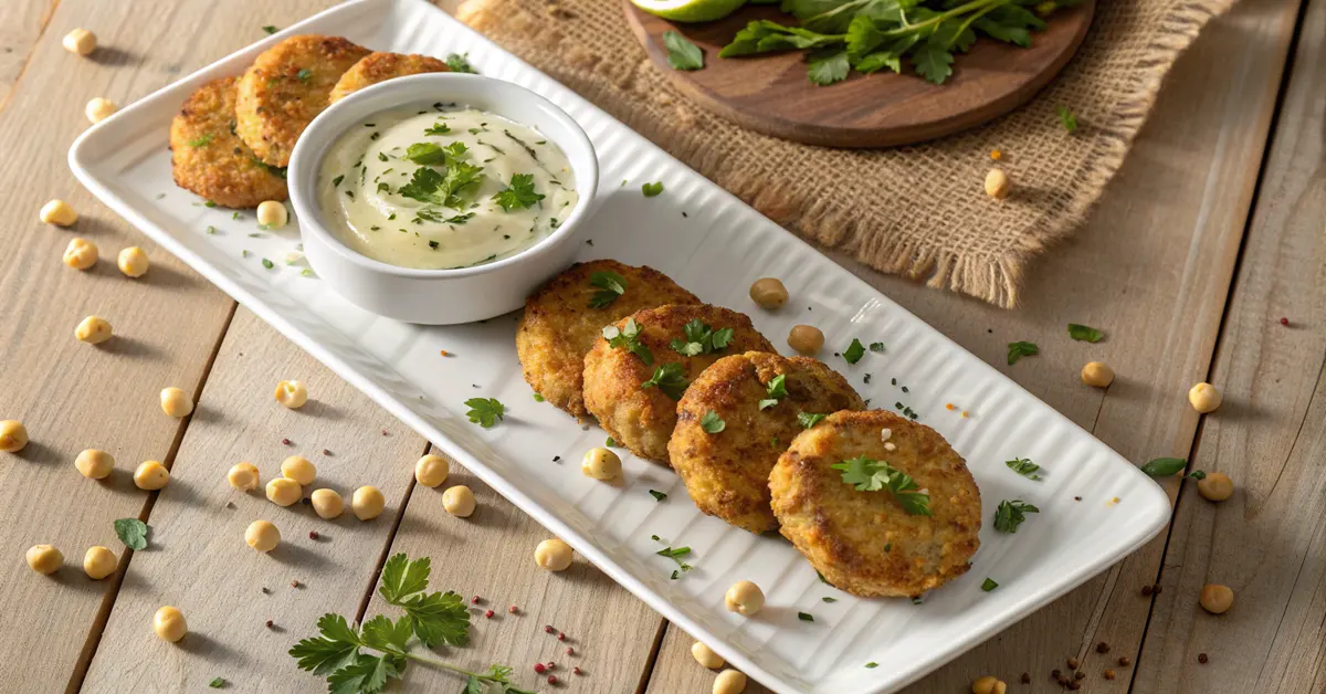 Golden crispy zucchini chickpea fritters on white platter with tzatziki, fresh herbs, Mediterranean styling
