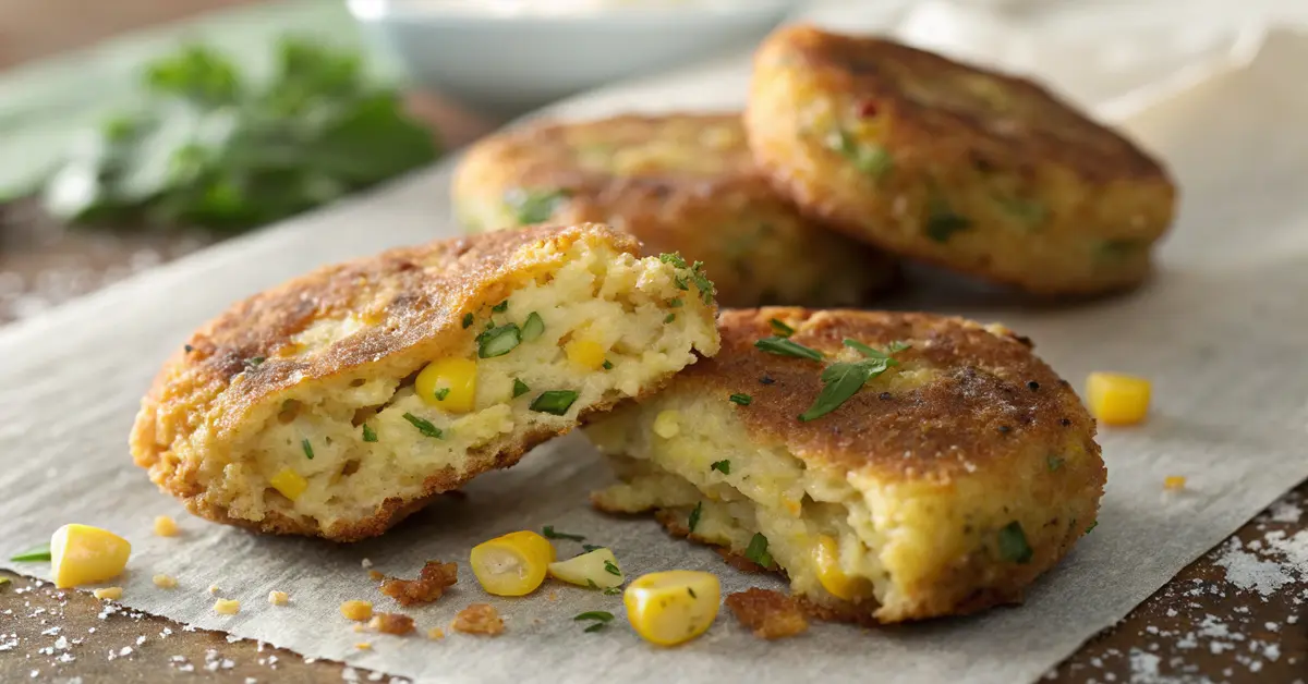 crispy-zucchini-corn-fritters-texture-detail-close-up Extreme close-up crispy zucchini corn fritters showing golden texture, corn kernels, herbs