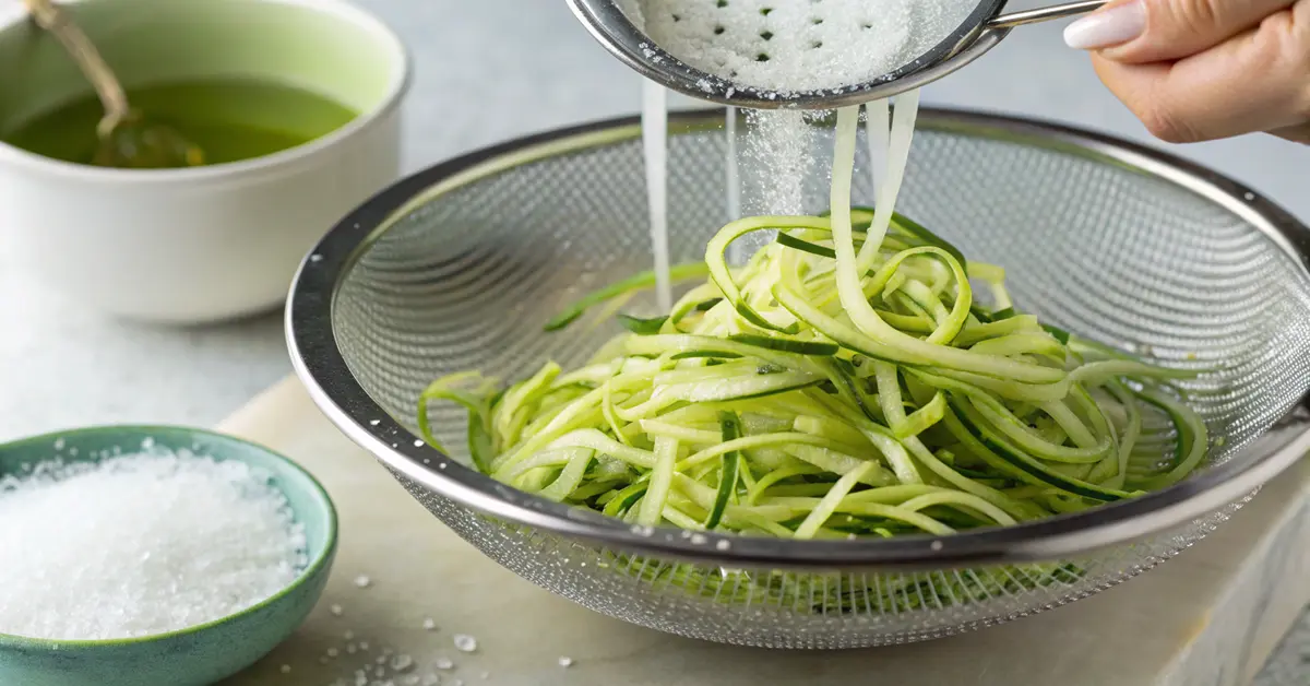 Shredded zucchini in colander with salt draining excess moisture for crispy fritters
