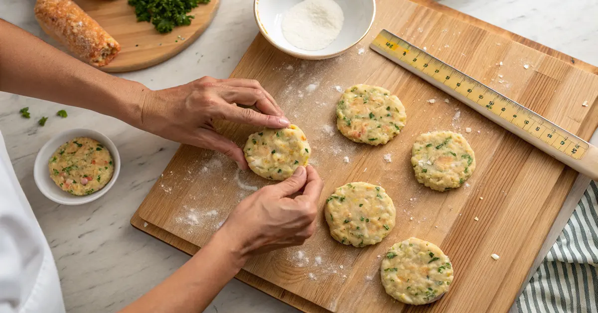 forming-zucchini-corn-fritter-patties-uniform-size Hands forming uniform 3-inch zucchini corn fritter patties on cutting board before frying