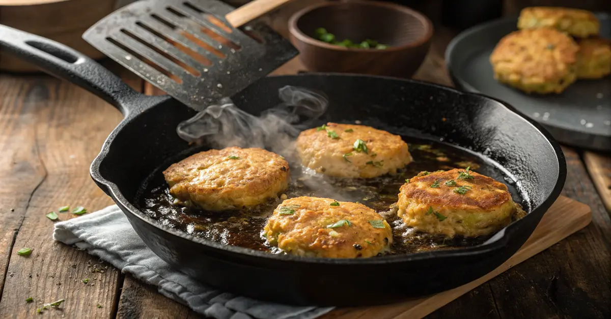 Zucchini chickpea fritters frying in cast iron turning golden
