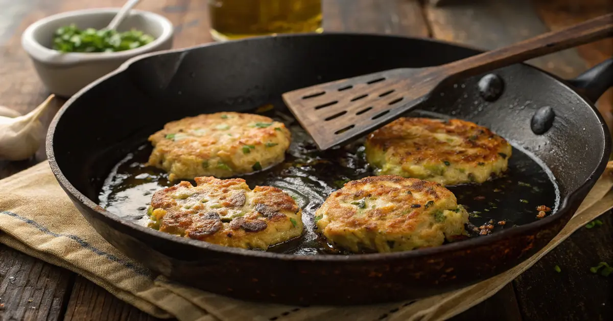 frying-zucchini-corn-fritters-golden-crispy-skillet Zucchini corn fritters frying in olive oil skillet turning golden brown with crispy edges