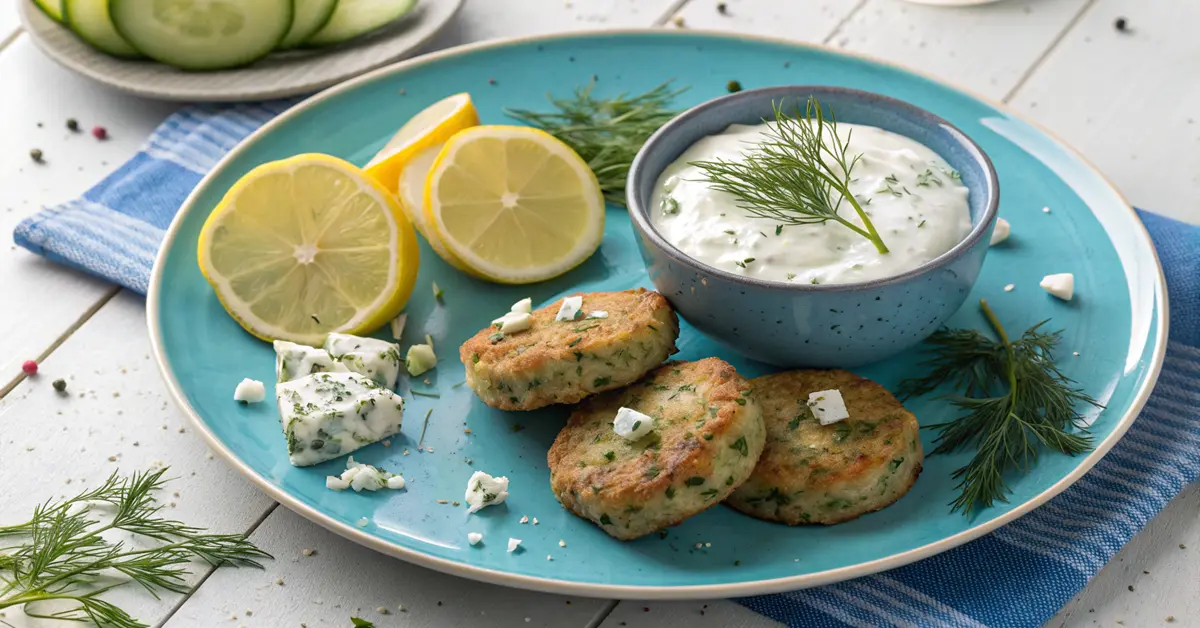 Greek-style air fryer zucchini fritters with feta and dill with tzatziki
