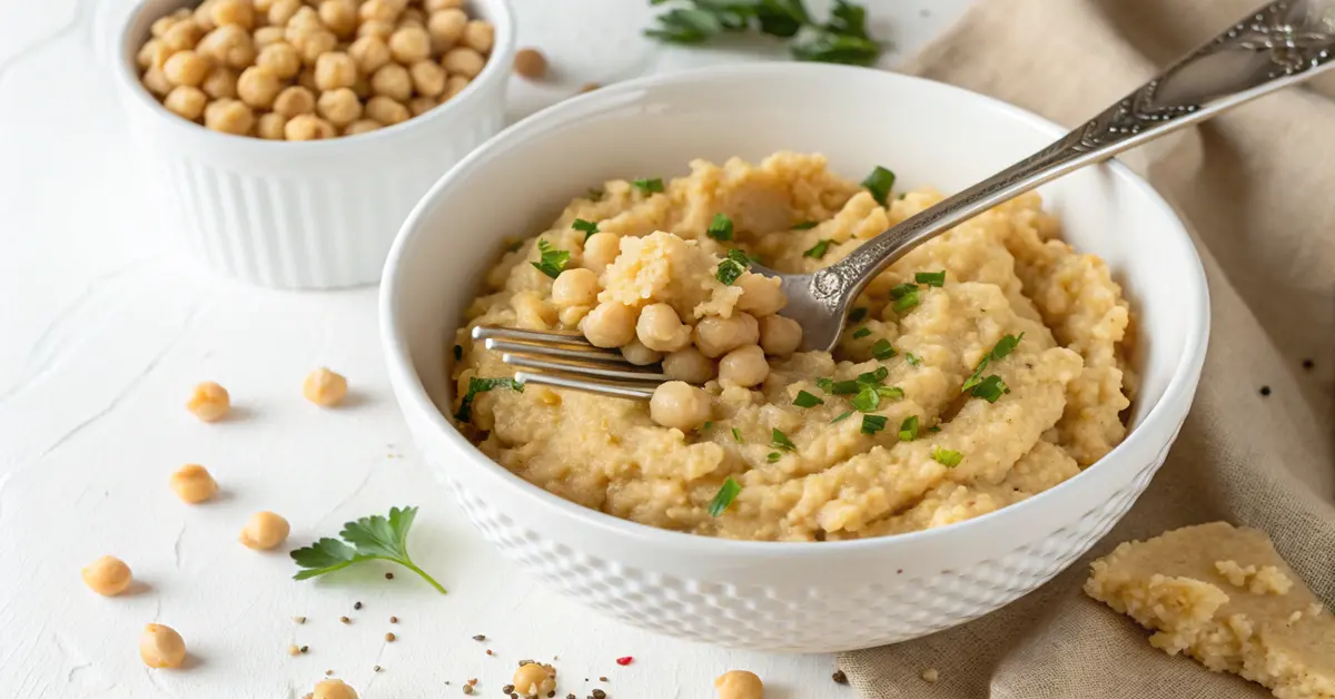 Coarsely mashed chickpeas in bowl with fork for binding