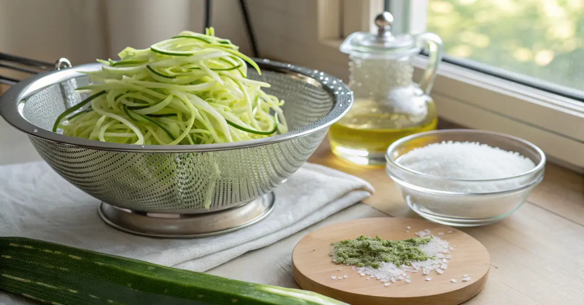 salted-zucchini-draining-colander-moisture Salted shredded zucchini draining in colander over bowl showing liquid extraction for crispy fritters