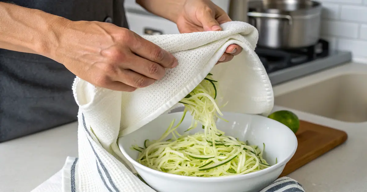 Hands wringing salted zucchini in towel to remove moisture before air frying